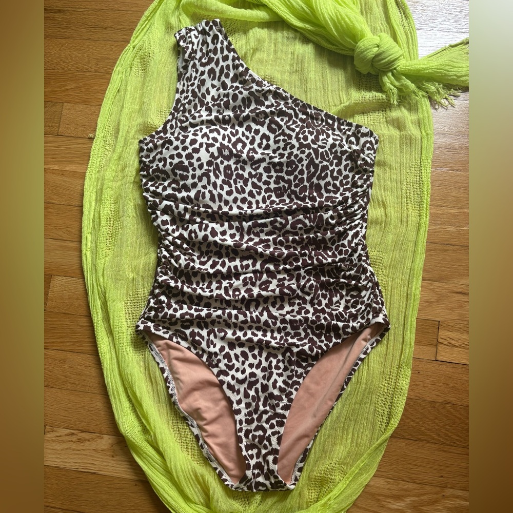 J. Crew Brown and Cream Leopard-Print One-Shoulder Swimsuit